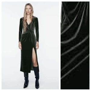 NWT. Zara Green Velvet Knotted V-neck Midi Dress. Size L.